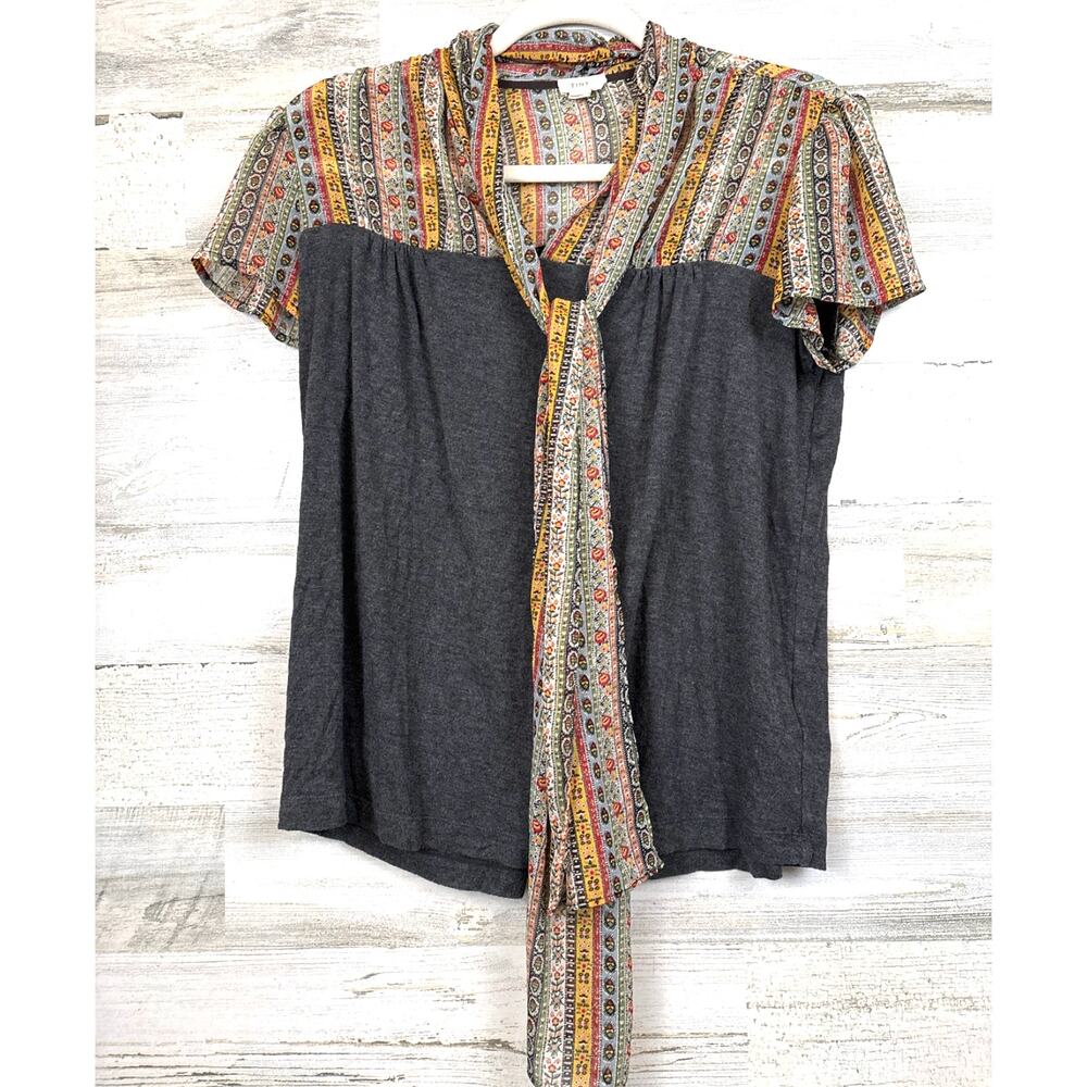 Tiny By Anthropologie Womens XS Gray Yellow Boho Tie Neck Sheer Blouse Top